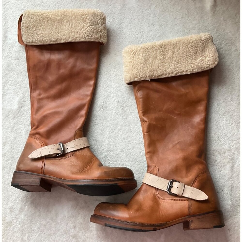 Tan Leather Combat Boots with Shearling Cuff